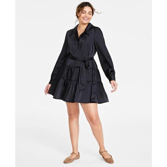 On 34th Black Satin Tiered Fit & Flare Long Sleeve Wrap Dress SZ XS - Picture 1 of 15
